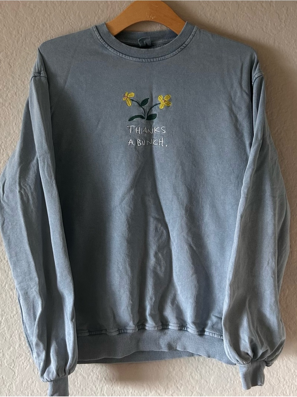 Casual Blue Embroidered 'Thanks A Bunch' Crewneck Sweatshirt - Cottagecore